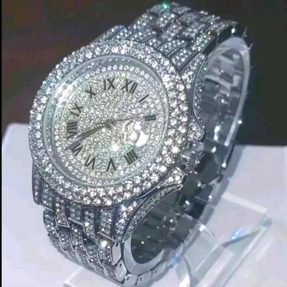 Men's Full Ice Hip Hop Bling Simulated Diamond Steel Band Watch with Day Display